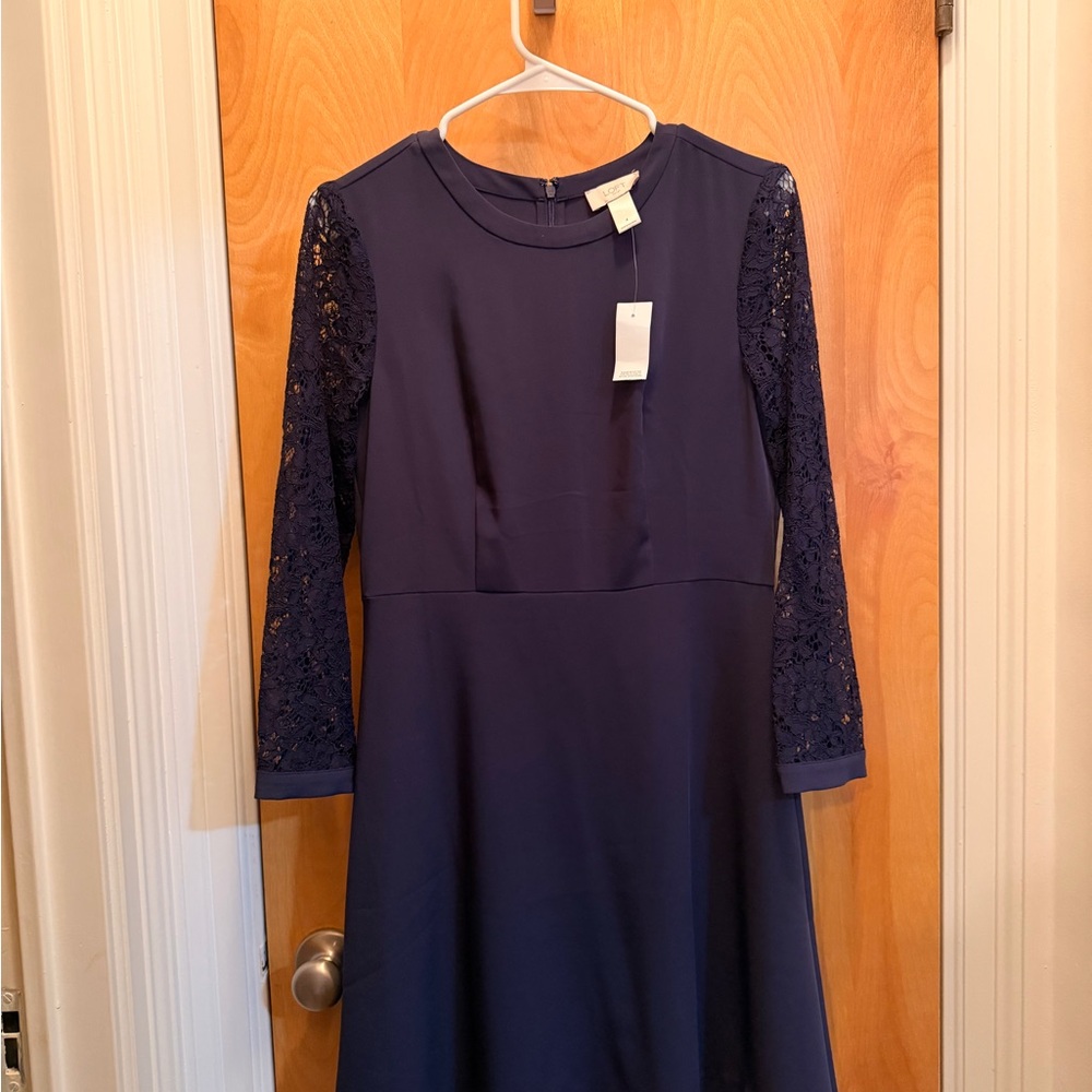 LOFT Navy A-Line Dress with Lace Sleeves